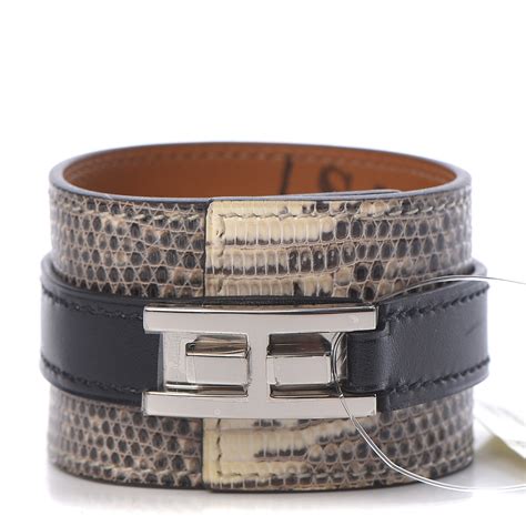 HERMES Lizard Box Manchette Drag Bracelet T3 Ombre Black 